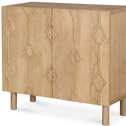 36" Natural Solid Wood Carved Geometric Accent Cabinet With Two Doors