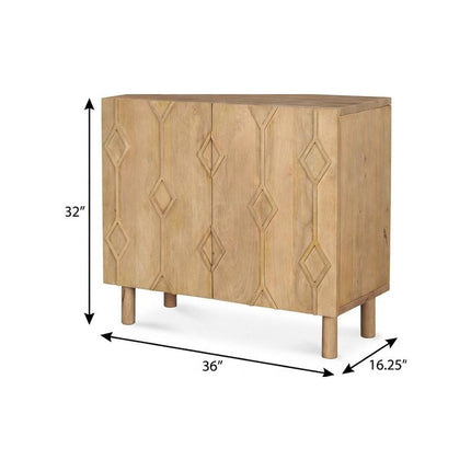 36" Natural Solid Wood Carved Geometric Accent Cabinet With Two Doors