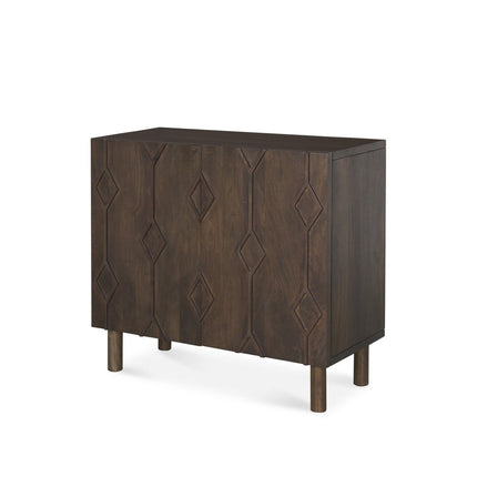 36" Dark Brown Solid Wood Carved Geometric Accent Cabinet With Two Doors