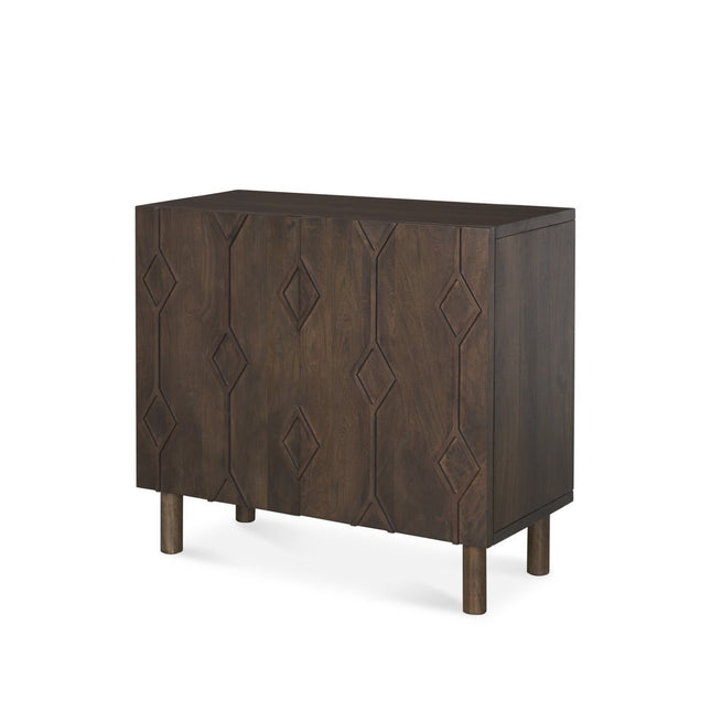 36" Dark Brown Solid Wood Carved Geometric Accent Cabinet With Two Doors