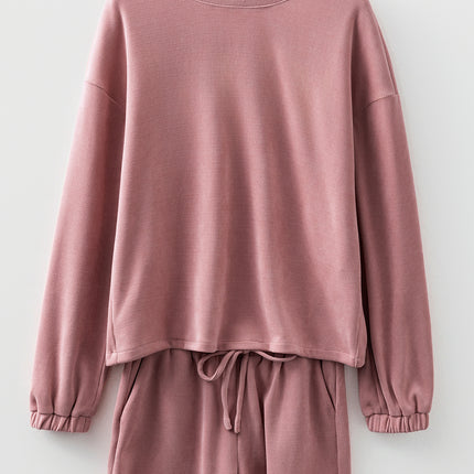 Fushia Solid Color Textured Knit Drop Shoulder Pullover Drawstring Shorts Set