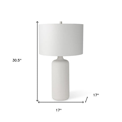 31" White Round Bedside Lamp With Drum Shade