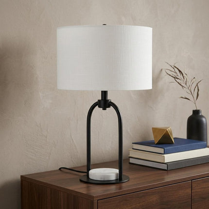 22" Black Round Bedside Lamp With Drum Shade