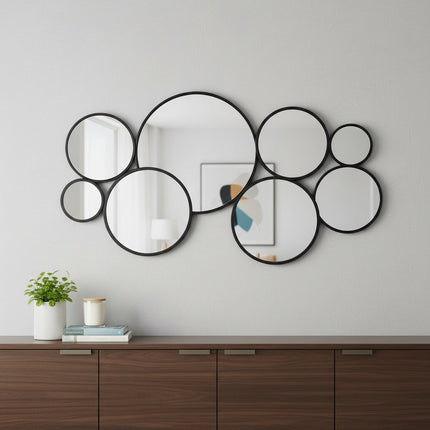Set Of Eight Black Metal Round Cojoined Accent Mirrors
