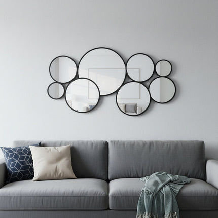 Set Of Eight Black Metal Round Cojoined Accent Mirrors
