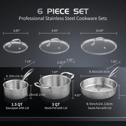 6-Piece Hammered Stainless Steel Cookware Set - Premium Non-Toxic Pots and Pans with Glass Lid,