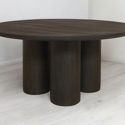 Seven Piece Dark Brown Round Solid Wood Dining Set with Six Chairs