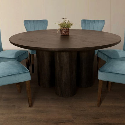 Seven Piece Dark Brown Round Solid Wood Dining Set with Six Chairs