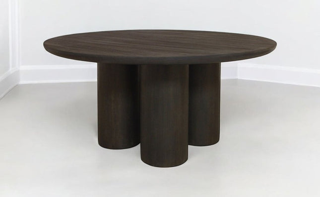 Seven Piece Dark Brown Round Solid Wood Dining Set with Six Chairs