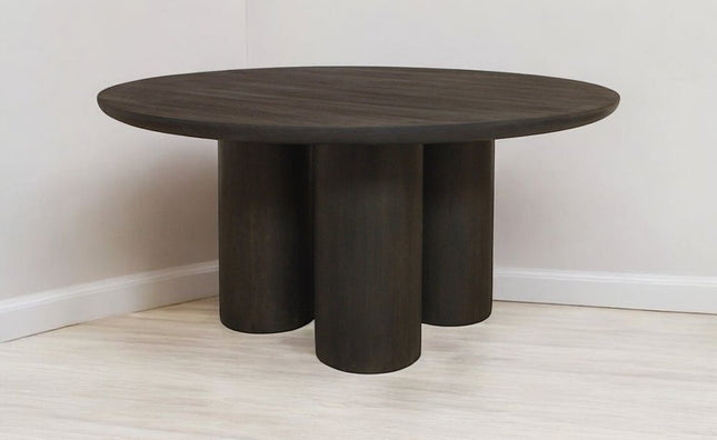 Seven Piece Dark Brown Round Solid Wood Dining Set with Six Chairs