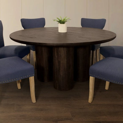 Seven Piece Dark Brown Round Solid Wood Dining Set with Six Chairs