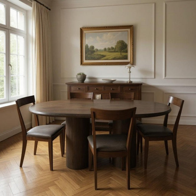 Seven Piece Dark Brown Round Solid Wood Dining Set with Six Chairs