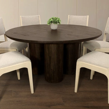 Seven Piece Dark Brown Round Solid Wood Dining Set with Six Chairs
