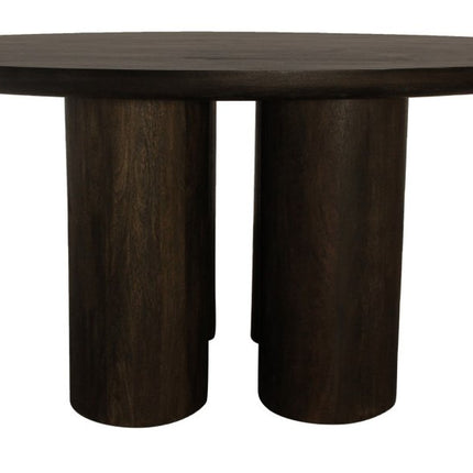 Seven Piece Dark Brown Round Solid Wood Dining Set with Six Chairs