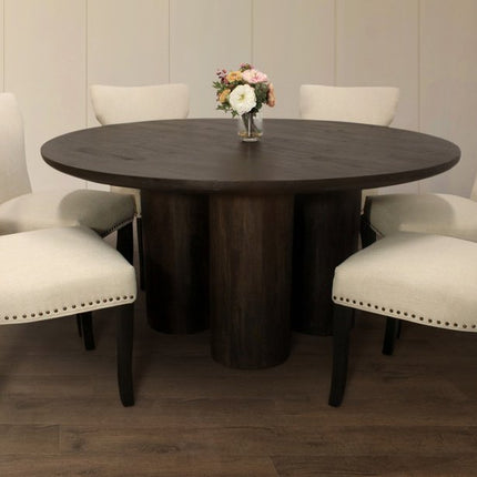 Seven Piece Dark Brown Round Solid Wood Dining Set with Six Chairs