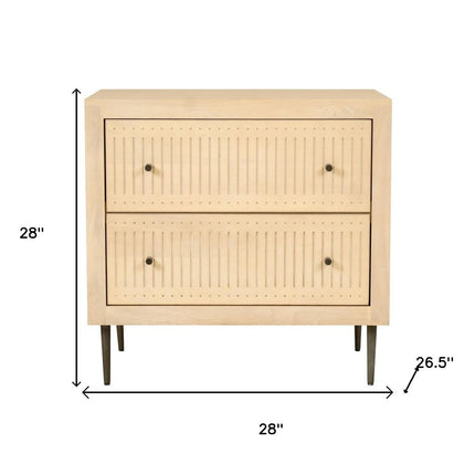 28" Natural Solid Wood Distressed Carved Geometric Two Drawer Nightstand