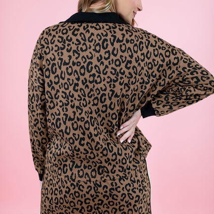 Khaki Leopard Print Quarter Zip Long Sleeve Top Mini Skirt Set
