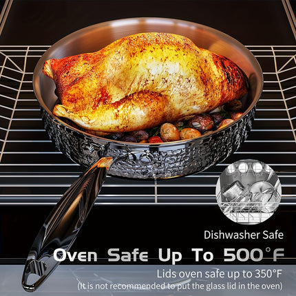 6-Piece Hammered Stainless Steel Cookware Set - Premium Non-Toxic Pots and Pans with Glass Lid,