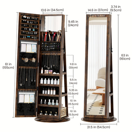 360° Rotating Jewelry Armoire With Lockable, 63" H Full Length Mirror With Jewelry Storage,