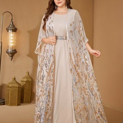 Plus Size, Plus Size Sequin Dress with Dual-Waist  Long Sleeve Train Maxi Gown, Elegant Formal Wedding