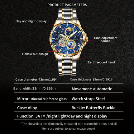 Men's Mechanical Watch Starry Sky Dial Steel Band Stopwatch Sun Moon Star Automatic