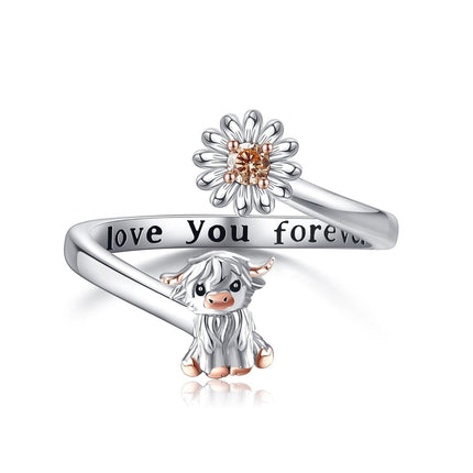 925 Sterling Silver Highland Cow Adjustable Open Rings Wholesale for Women Mom Grandma Mothers Day Gifts Daisy Ocean Jewelry Love You Forever