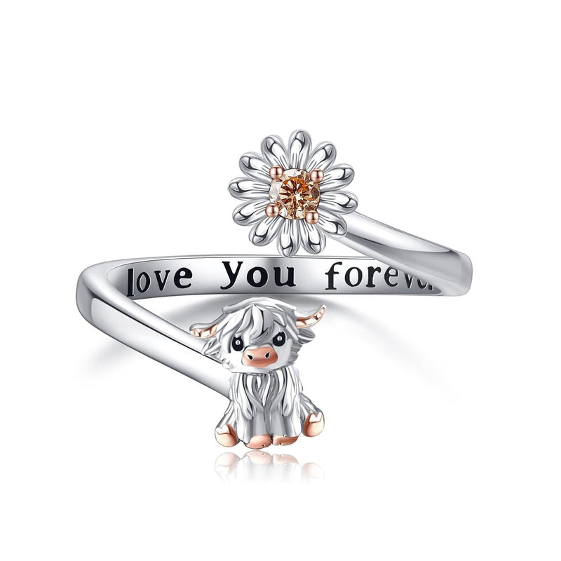 925 Sterling Silver Highland Cow Adjustable Open Rings Wholesale for Women Mom Grandma Mothers Day Gifts Daisy Ocean Jewelry Love You Forever