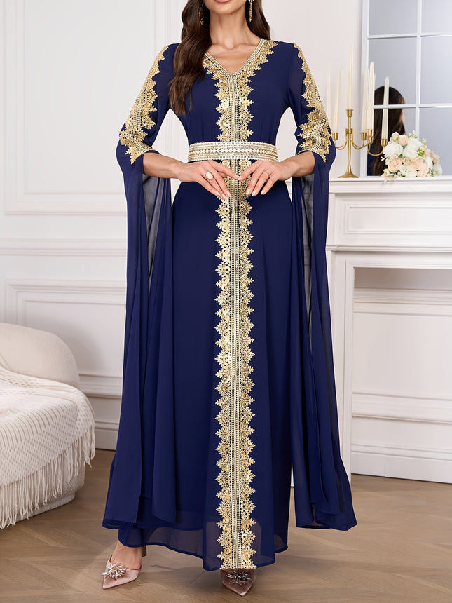 Elegant Navy Blue Sequin V-Neck Maxi Dress for Women Long Sleeve, Floor-Length with Detachable Belt,