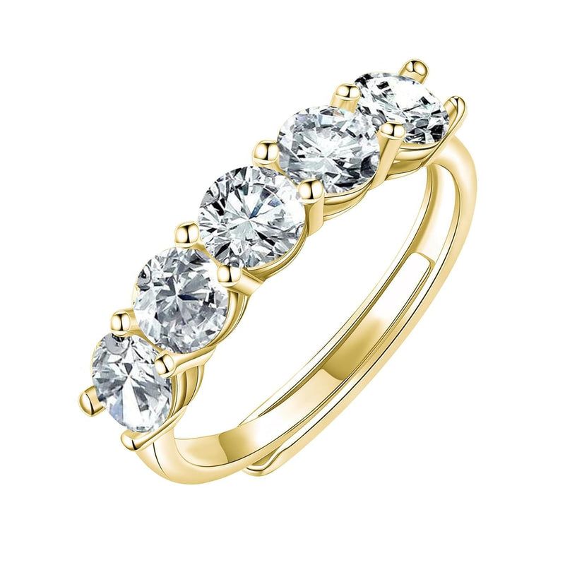 S925 Sterling Silver Moissanite 5-Stone Round Cut Eternity Band, 18K Yellow Gold Plated, 1.5ct D-VVS1, Adjustable Anniversary Rings Wholesale for Women