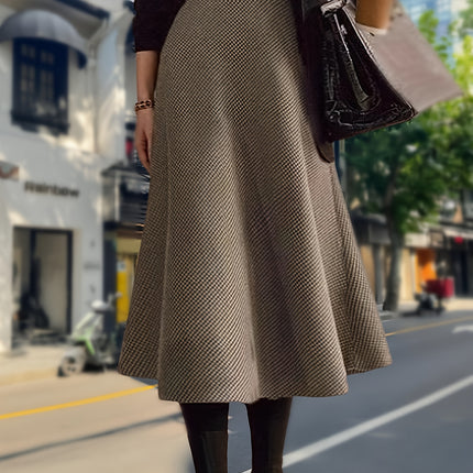 Women's New Houndstooth Checkered Midi Skirt, High-End Autumn Winter Tweed A-Line Umbrella Skirt