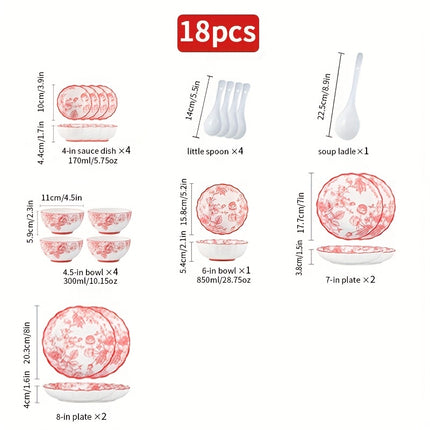 18/33/44pcs Set - Ceramic Tableware Set, French Retro, Red Rose Pattern, Wedding Gift, Can Hold Steak
