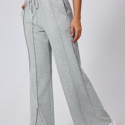 Gray Seamed Drawstring High Waist Wide Leg Sweatpants