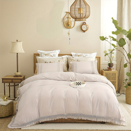 Beige Tassel Bedding Set 3pcs Quilt Cover Boho Solid Duvet Cover Set Burnt Orange Tassel Design with 50x75cm