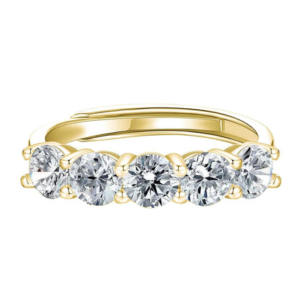 S925 Sterling Silver Moissanite 5-Stone Round Cut Eternity Band, 18K Yellow Gold Plated, 1.5ct D-VVS1, Adjustable Anniversary Rings Wholesale for Women