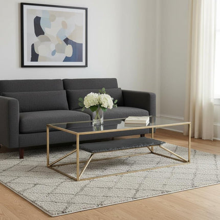 48" Brass Glass and Iron Pedestal Coffee Table