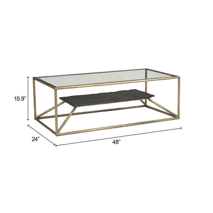 48" Brass Glass and Iron Pedestal Coffee Table