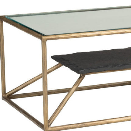 48" Brass Glass and Iron Pedestal Coffee Table
