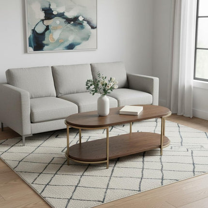 48" Brown Solid Wood and Wood Oval Pedestal Coffee Table