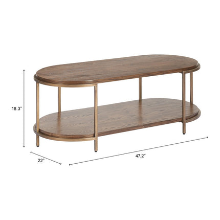 48" Brown Solid Wood and Wood Oval Pedestal Coffee Table