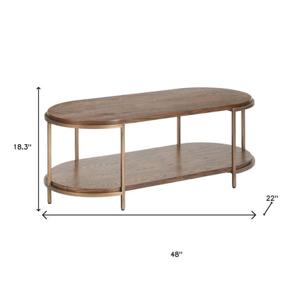 48" Brown Solid Wood and Wood Oval Pedestal Coffee Table