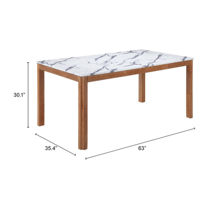 63" White and Natural Faux Marble and Solid Wood Dining Table