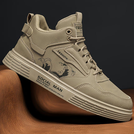 Men's High-Top Casual Sneakers - Solid Color Lace-Up Boots with PU Upper,