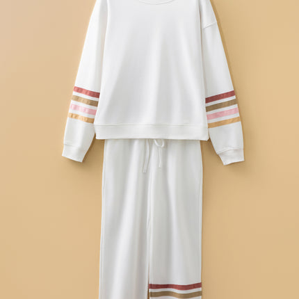 Beige Striped Drop Shoulder Round Neck Pullover and Jogger Pants Active Outfit