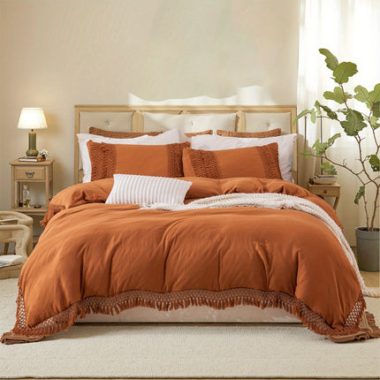 Beige Tassel Bedding Set 3pcs Quilt Cover Boho Solid Duvet Cover Set Burnt Orange Tassel Design with 50x75cm