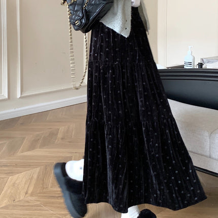 Women'S Elegant Heart Pattern Velvet Skirt - High-Waisted A-Line Long Skirt with Ruffled Hem