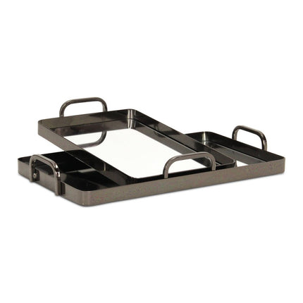 Set of Two Pewter Aluminum And Mirrored Glass Handmade Serving Trays