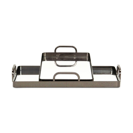 Set of Two Pewter Aluminum And Mirrored Glass Handmade Serving Trays