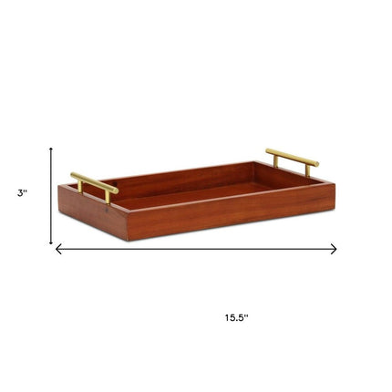 16" Brown And Gold Solid Wood Handmade Serving Tray With Handles