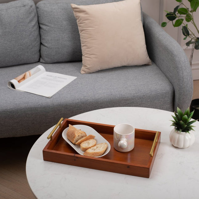 16" Brown And Gold Solid Wood Handmade Serving Tray With Handles