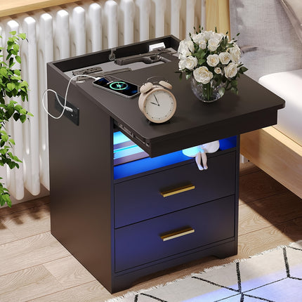 LED Bedside Table With Gun Drawer, With Charging Station, Modern Side Table With Fabric Drawer,